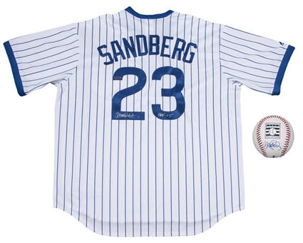 Lot of (2) Ryne Sandberg Autographed Chicago Cubs Jersey and OML Selig Baseball (Tri-Star)